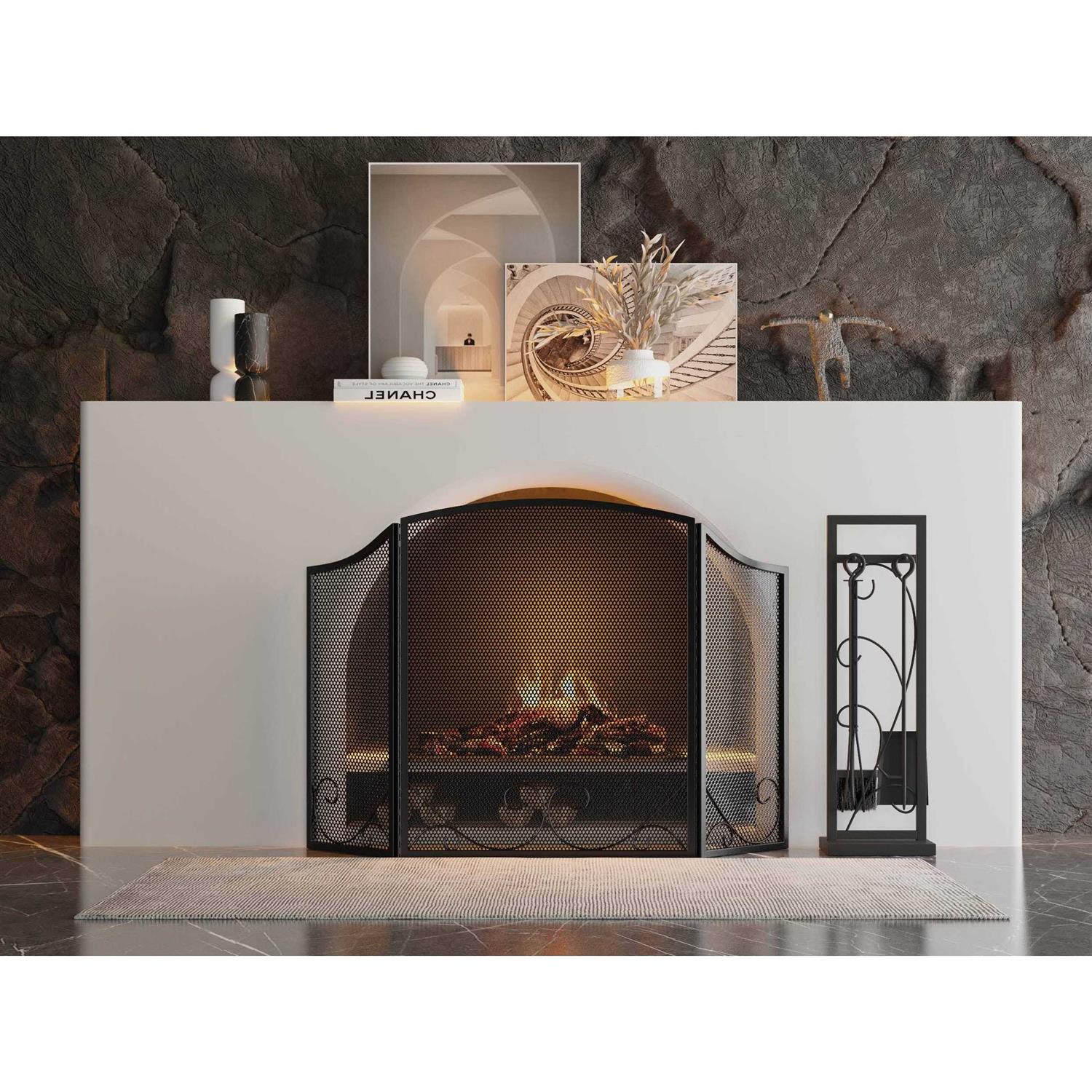 Lizh Metalwork 3-Panel Black Wrought Iron Modern Minimalist Design Fireplace Screen,48 x 29 Spark Guard with Scrolling Design,Decorative - Image 3
