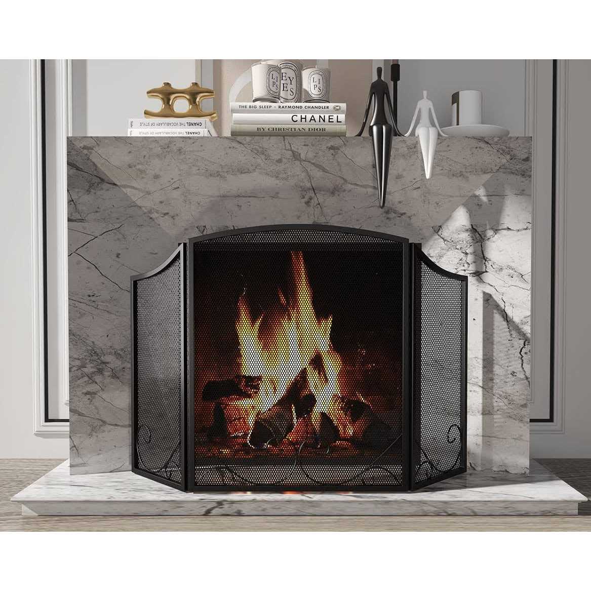 Lizh Metalwork 3-Panel Black Wrought Iron Modern Minimalist Design Fireplace Screen,48 x 29 Spark Guard with Scrolling Design,Decorative - Image 4