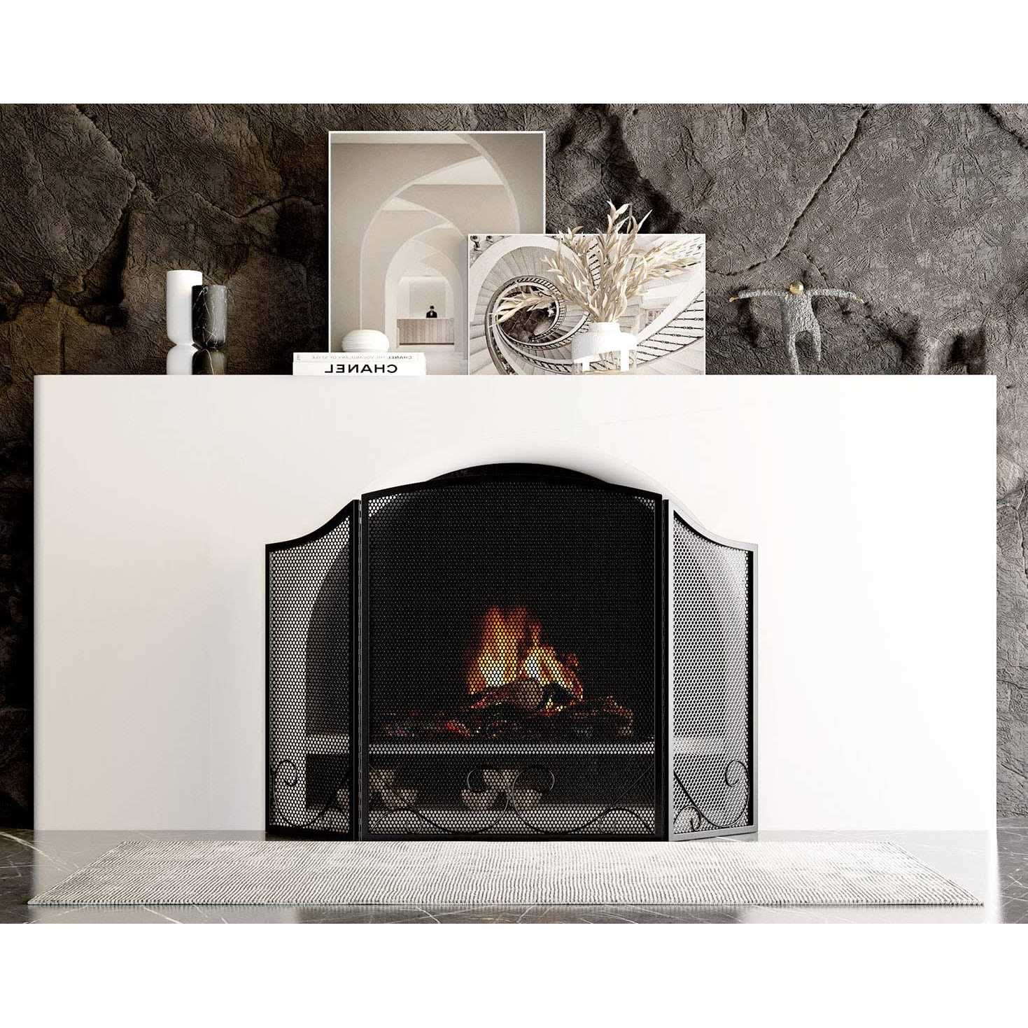 Lizh Metalwork 3-Panel Black Wrought Iron Modern Minimalist Design Fireplace Screen,48 x 29 Spark Guard with Scrolling Design,Decorative - Image 5