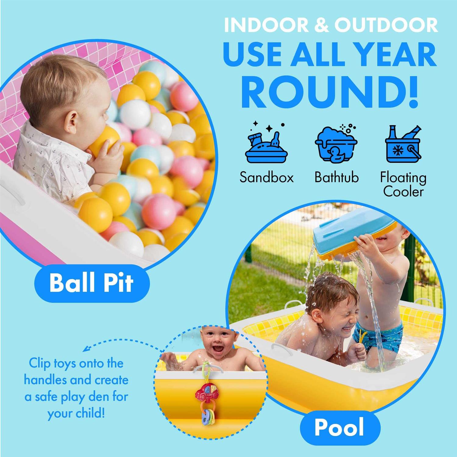Inflatable Baby Pool with Blow Up Padded Floor, Grip Handle Bars and Drain - Image 4