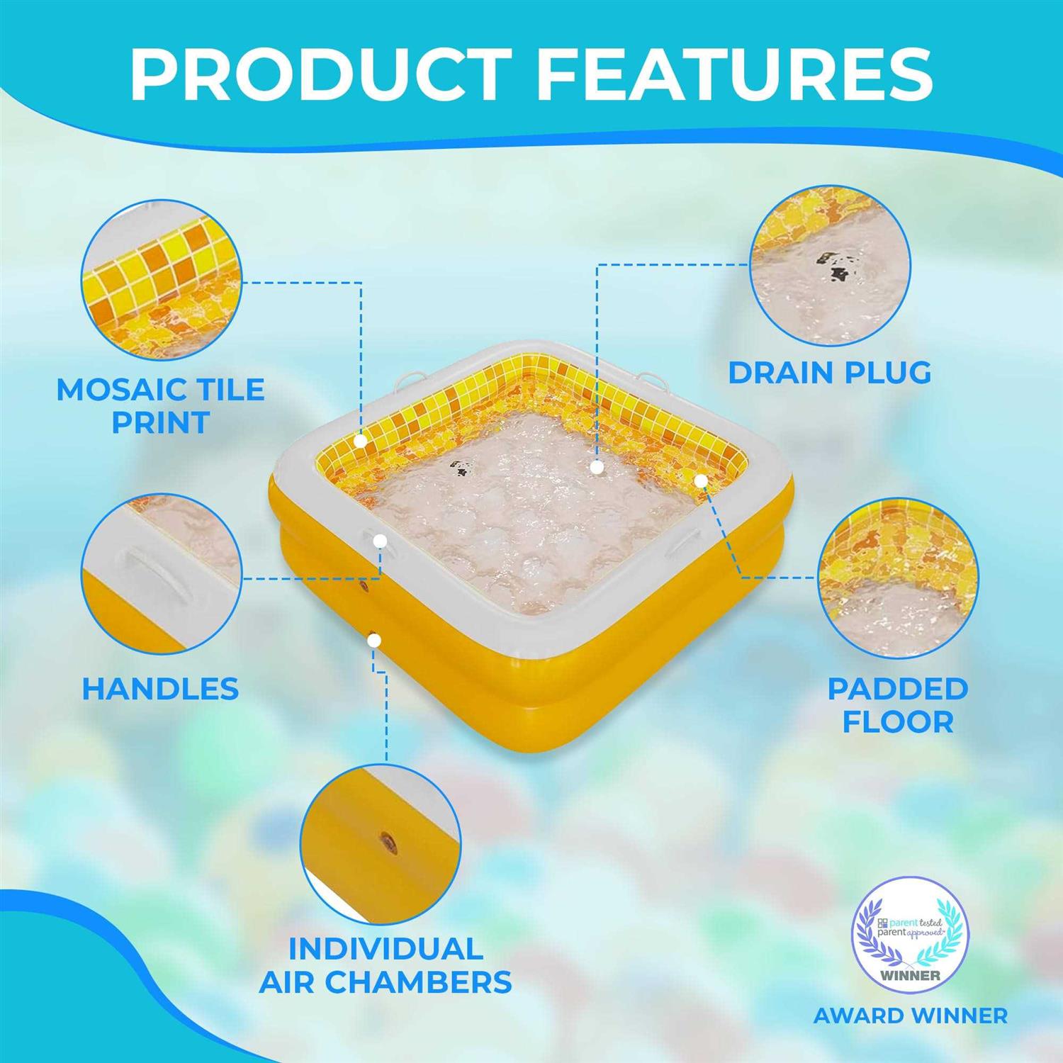Inflatable Baby Pool with Blow Up Padded Floor, Grip Handle Bars and Drain - Image 5