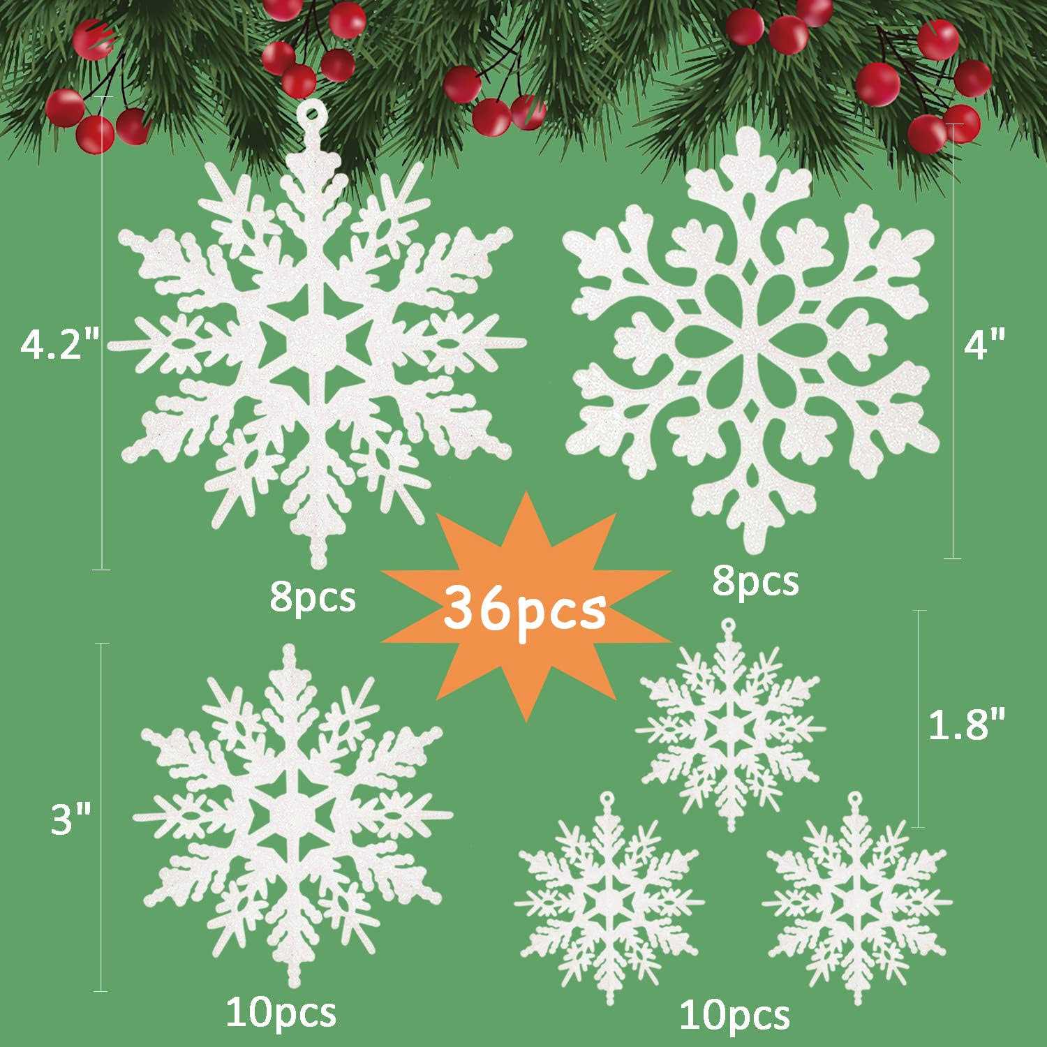 kockuu 36pcs Christmas White Snowflake Ornaments Plastic Glitter Snow Flakes Ornaments for Winter Christmas Tree Decorations Size Varies Craft - Image 3
