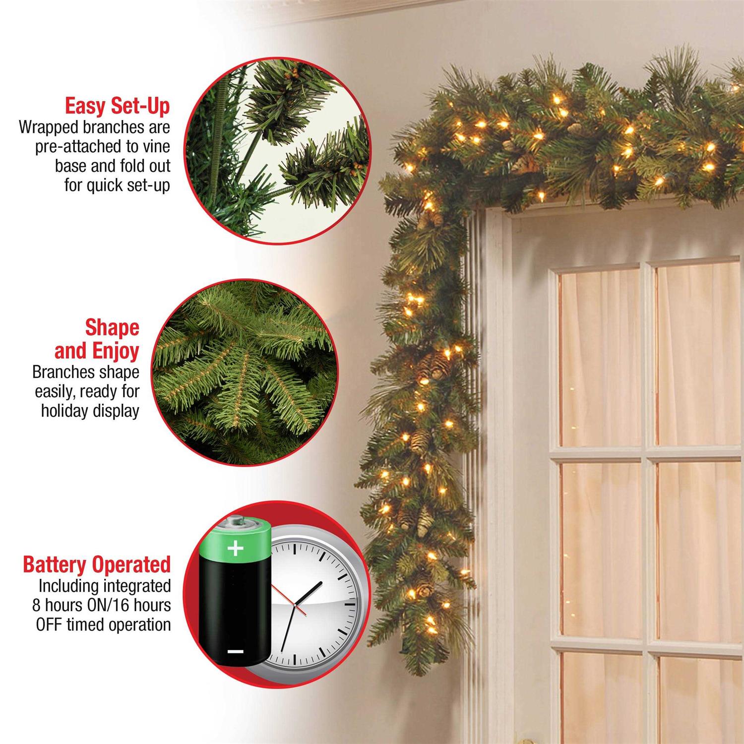 National Tree Company 9 ft. Carolina Pine Garland with Battery Operated LED Lights - Image 5
